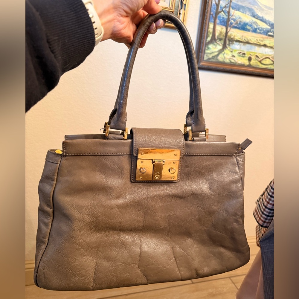 Tory Burch Gray Leather Satchel with Gold Hardware